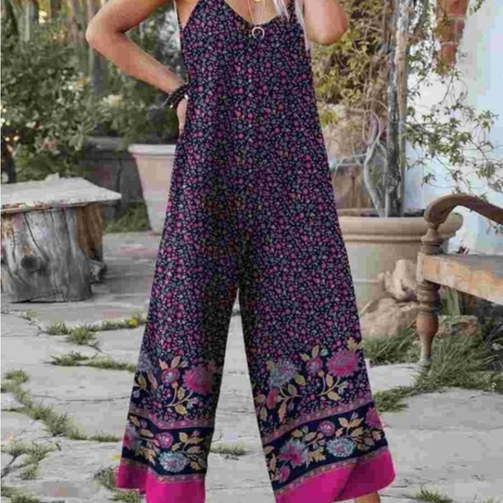 NWOT Prinbara Bohemian Blue and Pink Jumpsuit with Floral Accents
